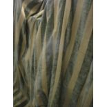 Two pars of green and tan striped curtains, triple pleated and lined, measuring 31" wide each