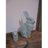 A Herend porcelain hare in green 14cm high together with a smaller Herend owl 5cm high