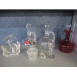 Miscellaneous glassware to include decanters and a Mats Jonasson glass sculpture of an otter