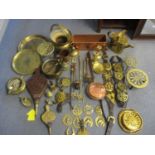 A quantity of miscellaneous metalware to include horse brasses, a brass watering can, two brass