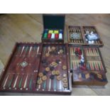 Vintage boxed games compendiums and back gammon together with a box of counters and a parquetry box
