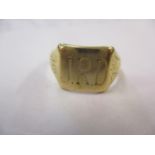 A gold signet ring, hallmarks rubbed, monogrammed with the initials J.R.D, weight 3 grams, ring size