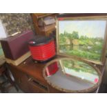 A Gramophone Co Bakelite heater together with a Singer sewing machine, an oil painting and an oval