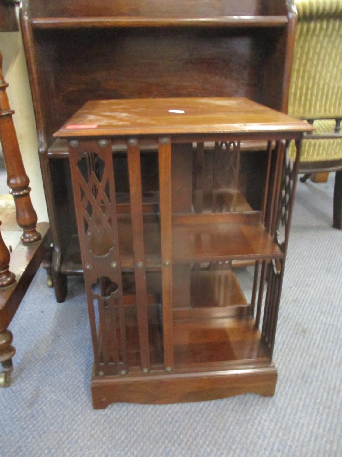 A mid 20th century oak waterfall bookcase 149 x 59cm having an arched top together with an Edwardian - Image 2 of 3