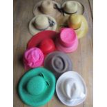 Mixed 20th century ladies formal and straw hats in various colours to include Harrods, Peter