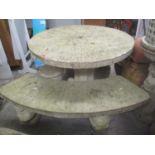 A garden stoneware composition circular topped table on a single pedestal base 79.5 h x 114.5cm w