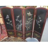 An early 20th century Japanese four fold screen with inlaid ornament 107 x 30cm A/F