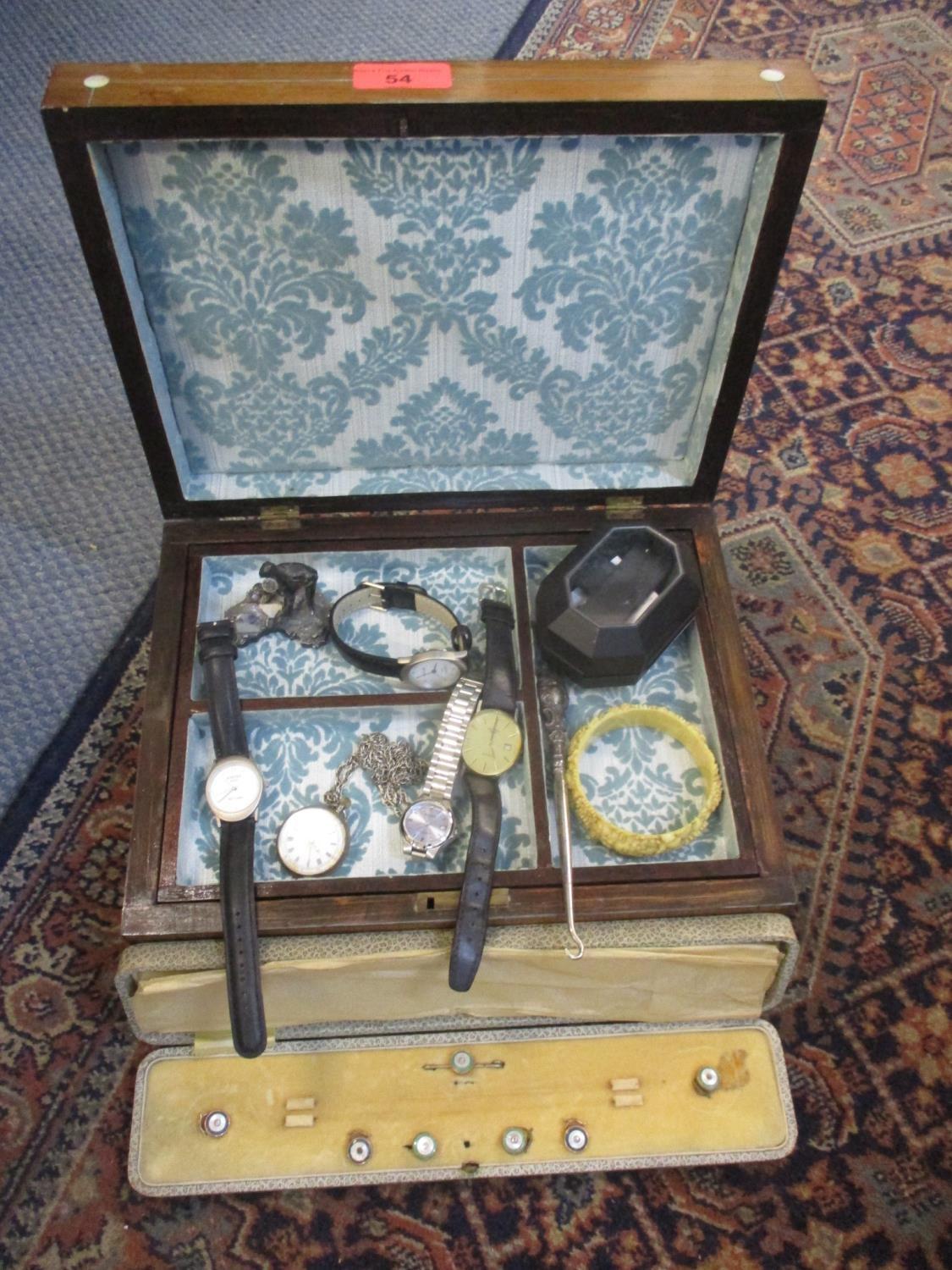 A rosewood jewellery box and contents to include watches and costume jewellery and other items