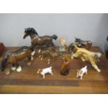 A group of Beswick models of horses, a mule, an owl, a 1969 small Gleneagles whisky bottle in the