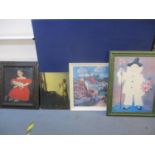 A Medici print of a girl in red with her cat and dog by Ammi Phillips, framed, together with three