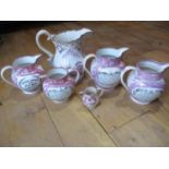 A group of Sunderland pink lustre jugs circa 19th century (Condition: some damage and restoration.