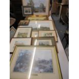 Mixed prints to include waterway scenes by W. Reeves, together with an unsigned amateur watercolour