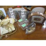 Six Don Pewter tankards, a pair of 'glass cube' table lamps A/F, a vintage cream telephone A/F, a