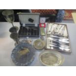A mixed lot to include silver pistol handled knives, silver plated goblets and other items