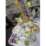 A mixed lot of modern household items and ornaments to include two Lladro bells, a treen model of