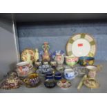 Japanese miniature Satsuma and blue and white porcelain, together with ivory okimonos of geishas and