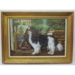 A 20th century painting of a king Charles Spaniel, with Classical themed paintings and leather bound