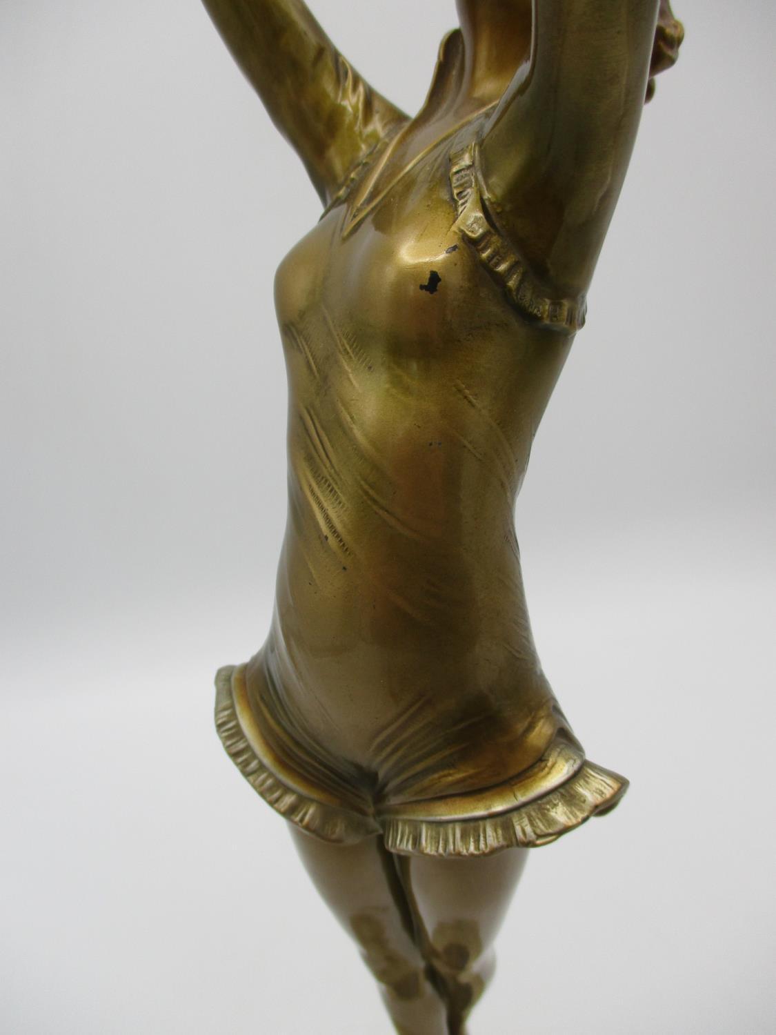 After Josef Lorenzl (1892-1950) 'Ball Girl', an Art Deco gilt spelter model of a dancer holding an - Image 8 of 9
