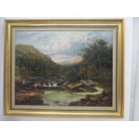 19th century, British School depicting a man salmon fishing by a weir, a sluice gate and hills