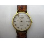 A Longines 18ct gold gents quartz dress watch, the dial having Roman numerals and date aperture at