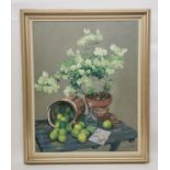 John Whitthall (b. 1947) British still life painting with limes and outdoor plant on a painted