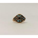 A Victorian yellow metal ladies ring set with turquoise, central amethyst and seed pearls, size M