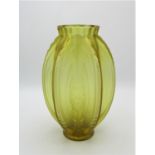 An Art Deco yellow frosted glass vase by Sabino, of ovoid shape with lobed sides, etched signature