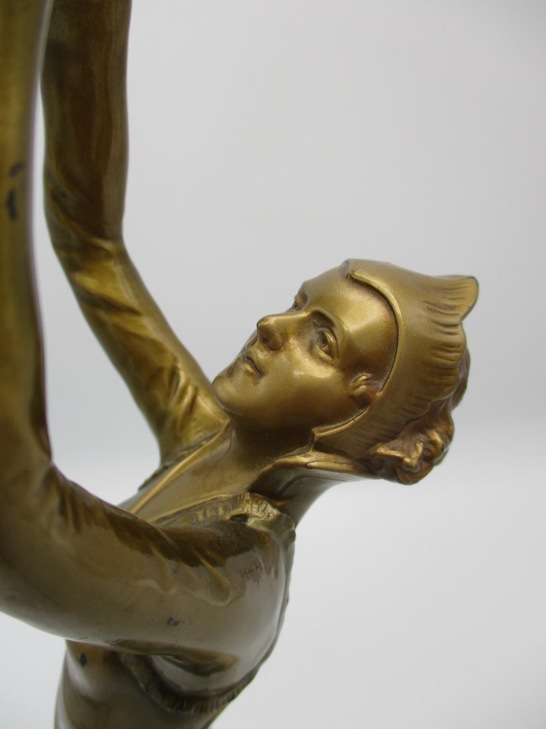 After Josef Lorenzl (1892-1950) 'Ball Girl', an Art Deco gilt spelter model of a dancer holding an - Image 6 of 9