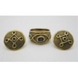 A 9ct gold Byzantine ring and earrings set with a single sapphire, total weight 14.61g