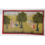 An early 20th century Indian pichwai painting on textile, depicting Krishna and Gopis in a field, 75