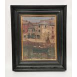 20th century, British School depicting a seaside town port with a boat, indistinctly signed lower