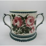 A large Wemyss ware pottery tyg, with cabbage rose pattern, the underside with impressed maker's