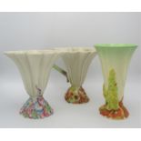 Three Clarice Cliff My Garden vases, to include a shape 701 trumpet vase decorated with moulded