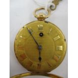 An early 19th century 18ct gold open faced pocket watch. The gilt dial having Roman numerals,