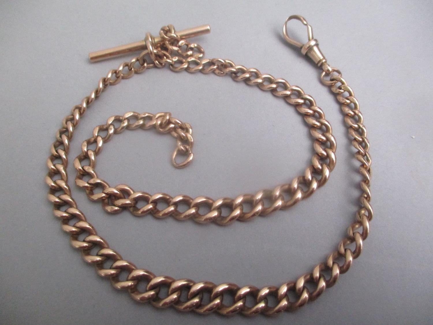 A 9ct gold belcher link double watch chain with a T bar and a single clasp, 41.4 grams