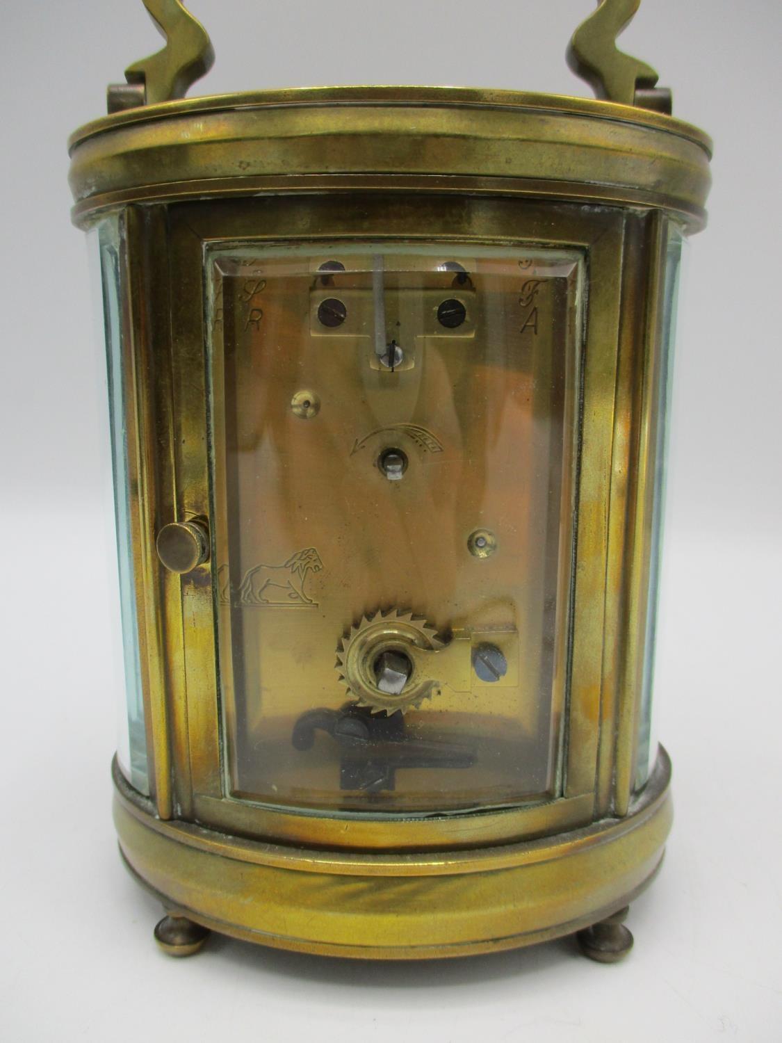 A late 19th/early 20th century French gilt metal carriage clock with leather fitted travel case. The - Image 5 of 8