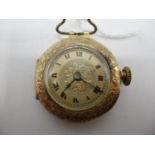 A late 19th/early 20th century 9ct gold ladies fob watch having Roman numbers and the case having