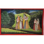 An early 20th century Indian pichwai painting on textile, depicting Krishna and Radha with Gopis