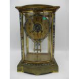 A Late 19th century French cloisonne and brass, four glass mantle clock having double mercury