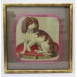 A Victorian period framed tapestry of a Cavalier King Charles Spaniel, with pink velvet border, in a