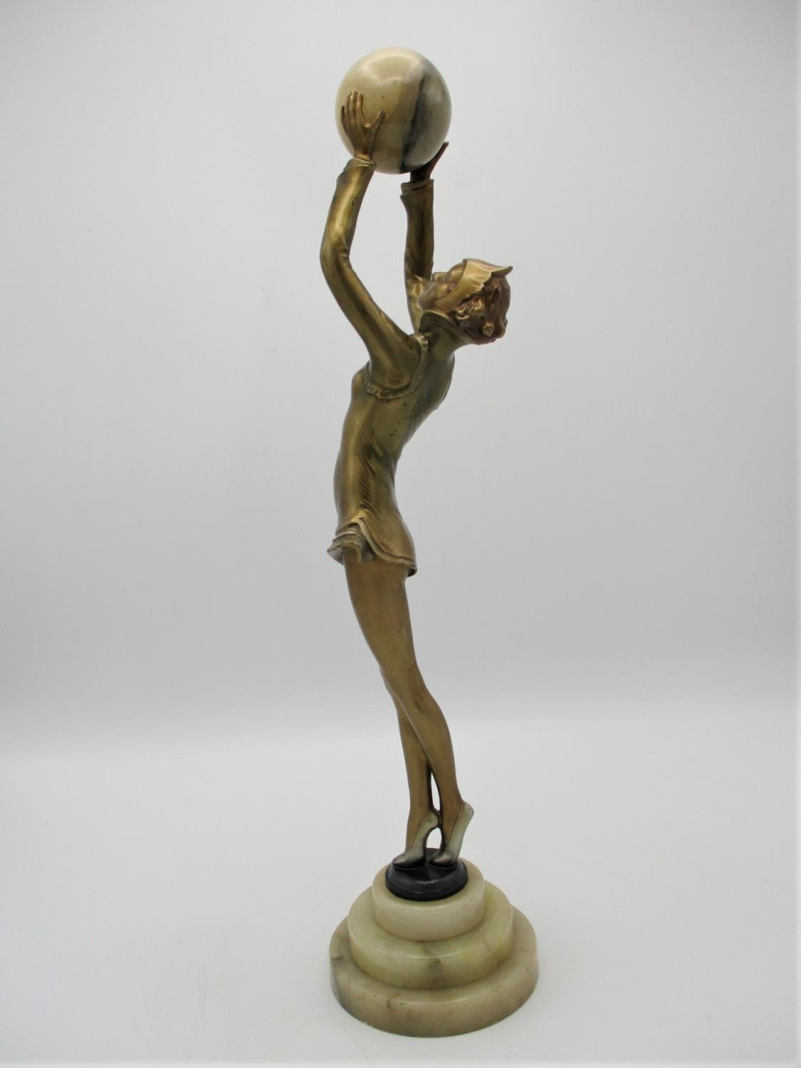 After Josef Lorenzl (1892-1950) 'Ball Girl', an Art Deco gilt spelter model of a dancer holding an - Image 2 of 9