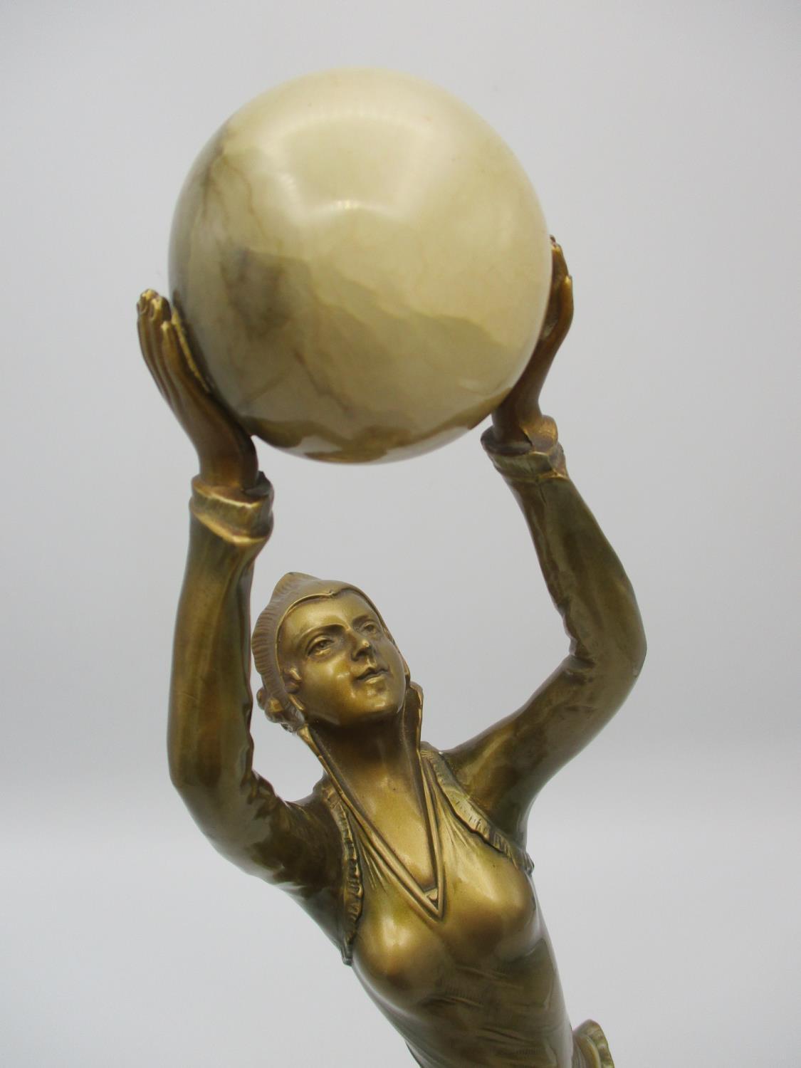 After Josef Lorenzl (1892-1950) 'Ball Girl', an Art Deco gilt spelter model of a dancer holding an - Image 5 of 9