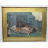 British School, 19th century painting of a black and tan cavalier King Charles spaniel, lying on a