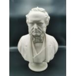 A 19th century parian bust of Lord Derby by John Adams & Co., after the sculptor E.W. Wyon, raised