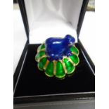 A gilt metal blue and green enamelled frog dress ring, UK ring size L