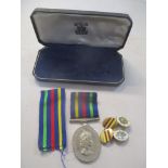 Civil Defence Long Service medal, boxed with ribbons and Worcester Regiment cuff links