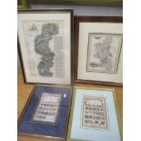 Four framed and glazed maps to include two 17th/18th century strip maps with family crests to the