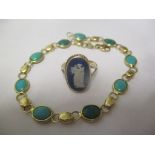A 9cct gold blue Wedgwood ring, 2 grams, together with a turquoise 18ct gold necklace, 5.85 grams