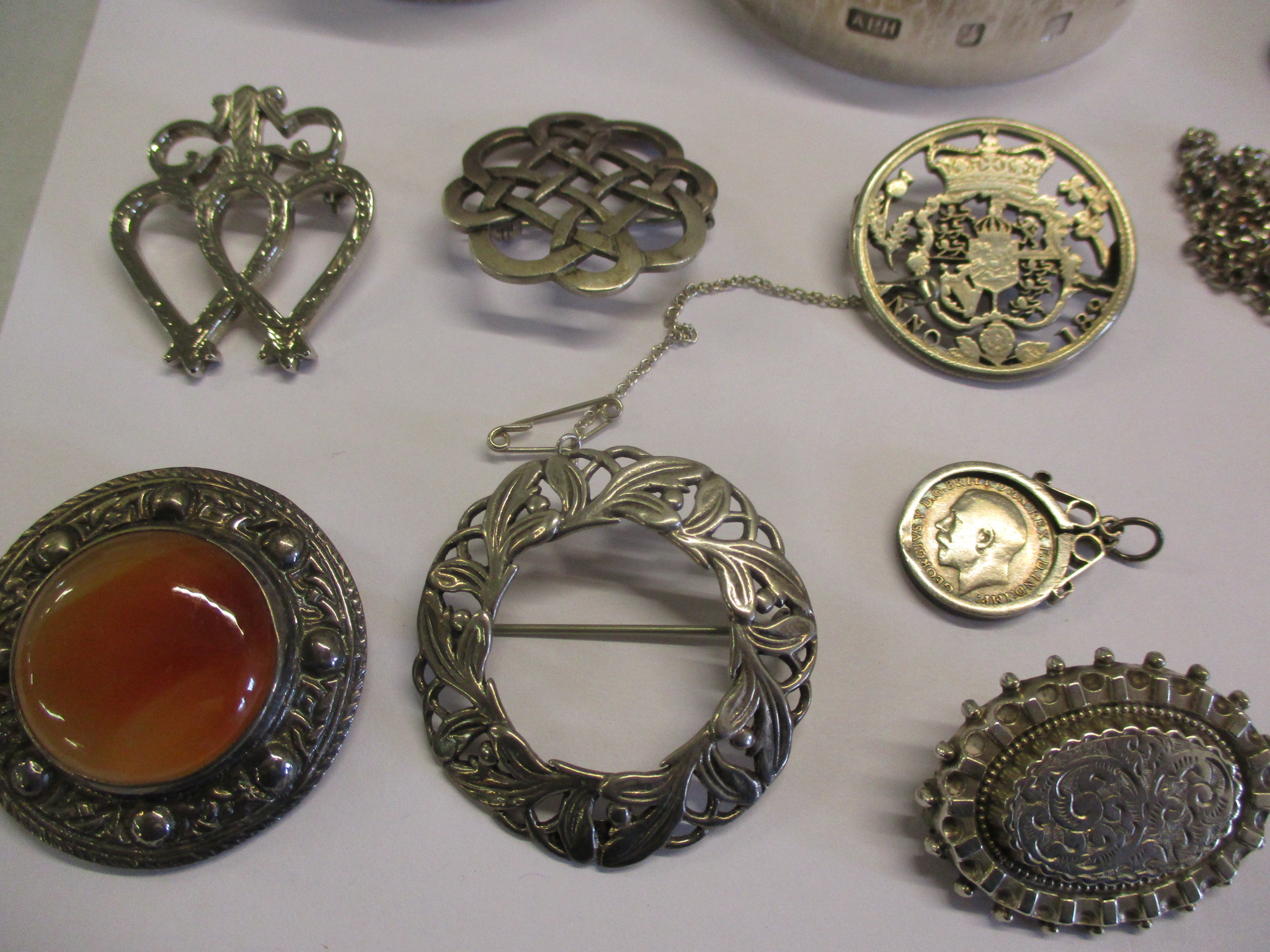 A silver fob watch chain, a silver ingot pendant on a white metal chain, two silver bangles and - Image 2 of 6