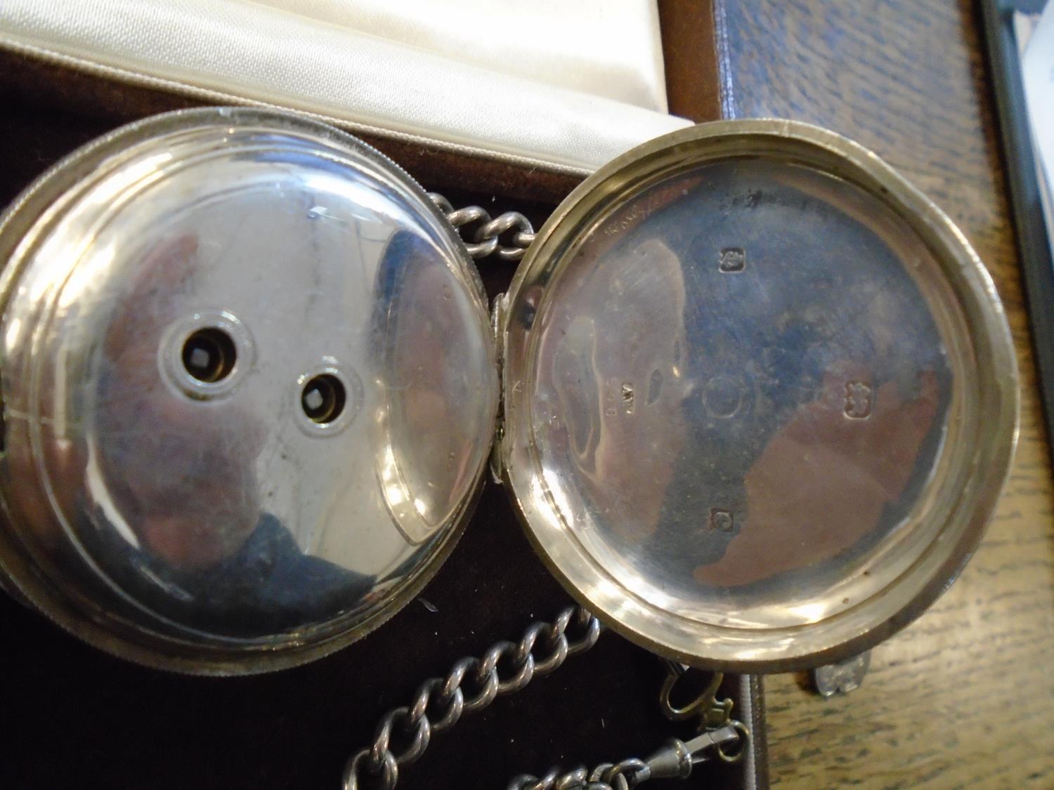 An Edwardian silver cased, key-wound pocket watch, white enamel dial with roman numerals and off set - Image 2 of 4